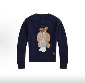 كنزة نسائية محبوكة من القطن مطرزة Bear AW25 بياقة دائرية وأكمام طويلة - رفعة