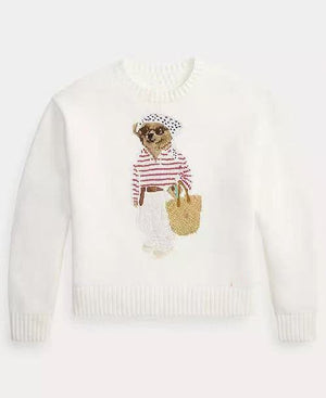 كنزة نسائية محبوكة من القطن مطرزة Bear AW25 بياقة دائرية وأكمام طويلة - رفعة