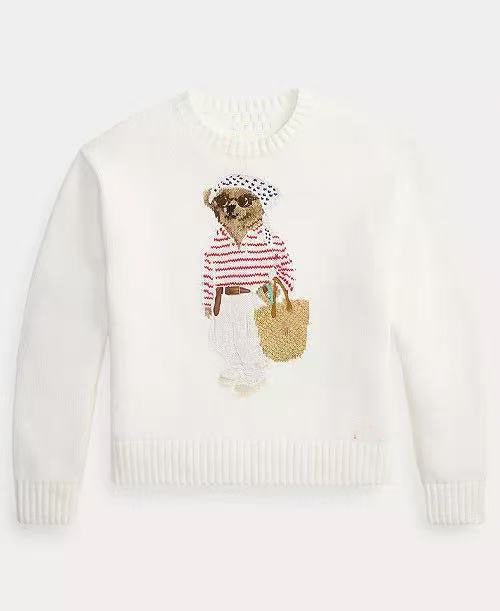 كنزة نسائية محبوكة من القطن مطرزة Bear AW25 بياقة دائرية وأكمام طويلة - رفعة