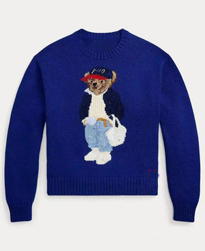 كنزة نسائية محبوكة من القطن مطرزة Bear AW25 بياقة دائرية وأكمام طويلة - رفعة
