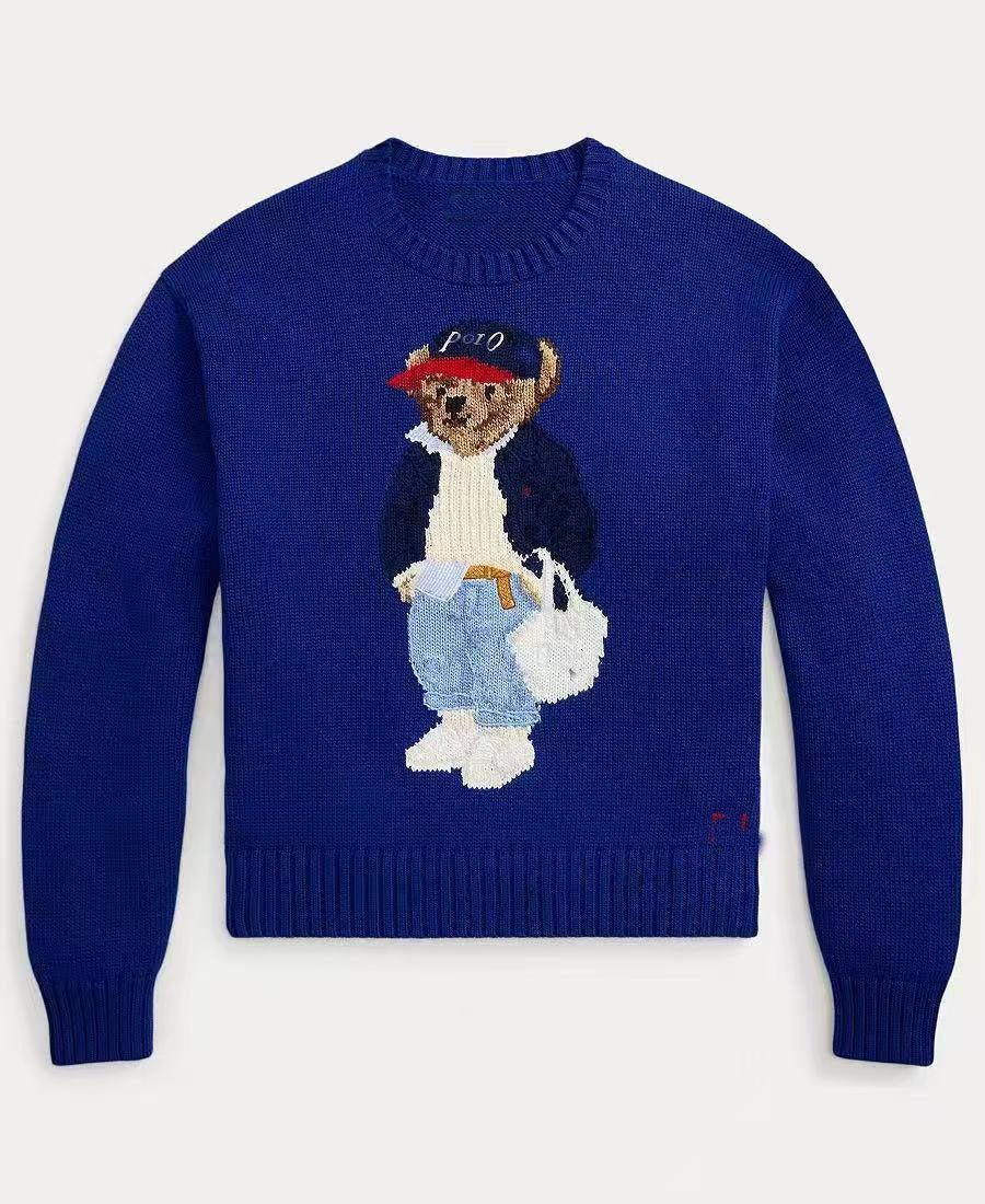 كنزة نسائية محبوكة من القطن مطرزة Bear AW25 بياقة دائرية وأكمام طويلة - رفعة