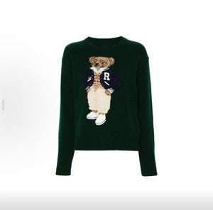 كنزة نسائية محبوكة من القطن مطرزة Bear AW25 بياقة دائرية وأكمام طويلة - رفعة