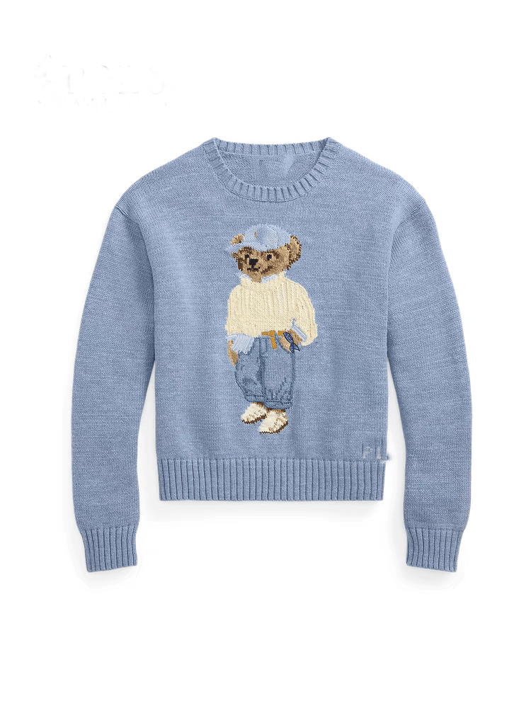كنزة نسائية محبوكة من القطن مطرزة Bear AW25 بياقة دائرية وأكمام طويلة - رفعة