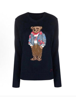كنزة نسائية محبوكة من القطن مطرزة Bear AW25 بياقة دائرية وأكمام طويلة - رفعة