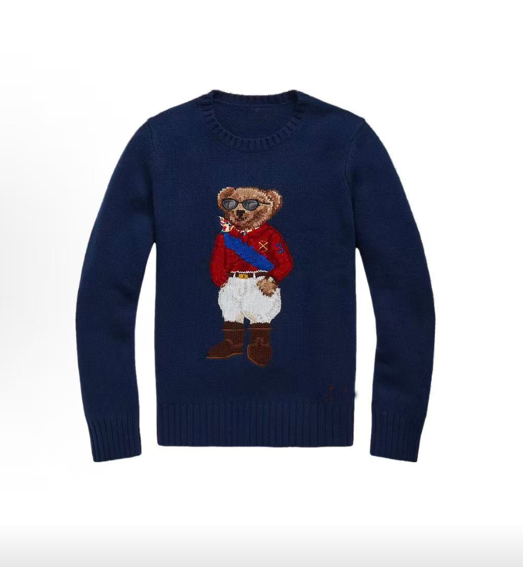 كنزة نسائية محبوكة من القطن مطرزة Bear AW25 بياقة دائرية وأكمام طويلة - رفعة