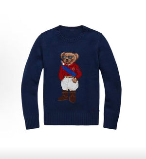 كنزة نسائية محبوكة من القطن مطرزة Bear AW25 بياقة دائرية وأكمام طويلة - رفعة