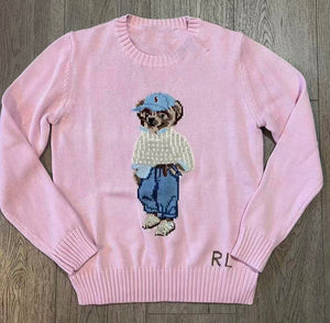 كنزة نسائية محبوكة من القطن مطرزة Bear AW25 بياقة دائرية وأكمام طويلة - رفعة