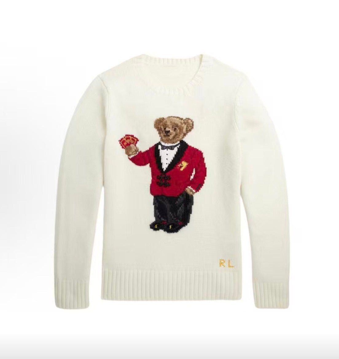 كنزة نسائية محبوكة من القطن مطرزة Bear AW25 بياقة دائرية وأكمام طويلة - رفعة