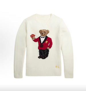كنزة نسائية محبوكة من القطن مطرزة Bear AW25 بياقة دائرية وأكمام طويلة - رفعة