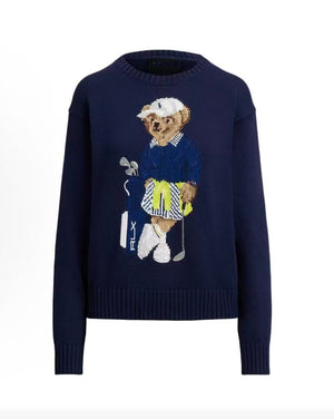 كنزة نسائية محبوكة من القطن مطرزة Bear AW25 بياقة دائرية وأكمام طويلة - رفعة