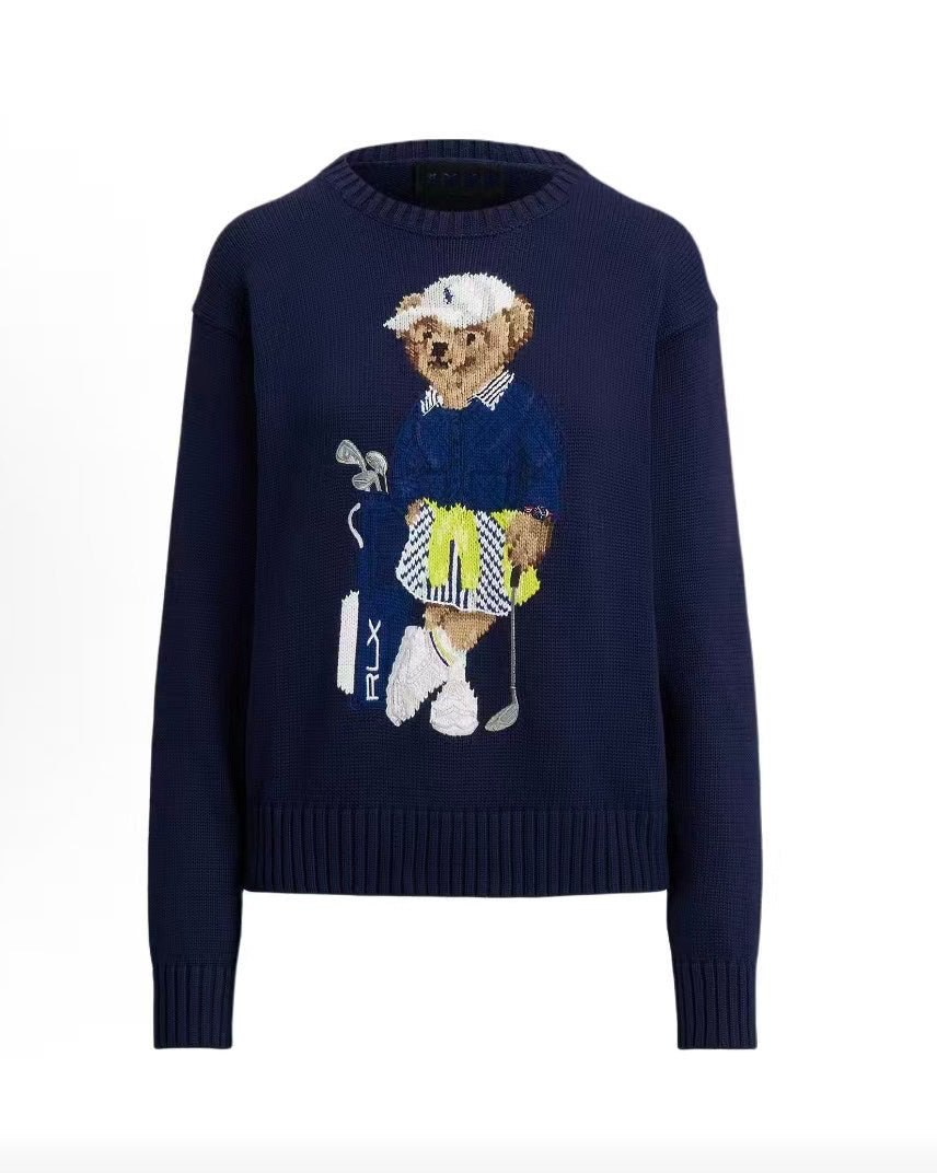 كنزة نسائية محبوكة من القطن مطرزة Bear AW25 بياقة دائرية وأكمام طويلة - رفعة