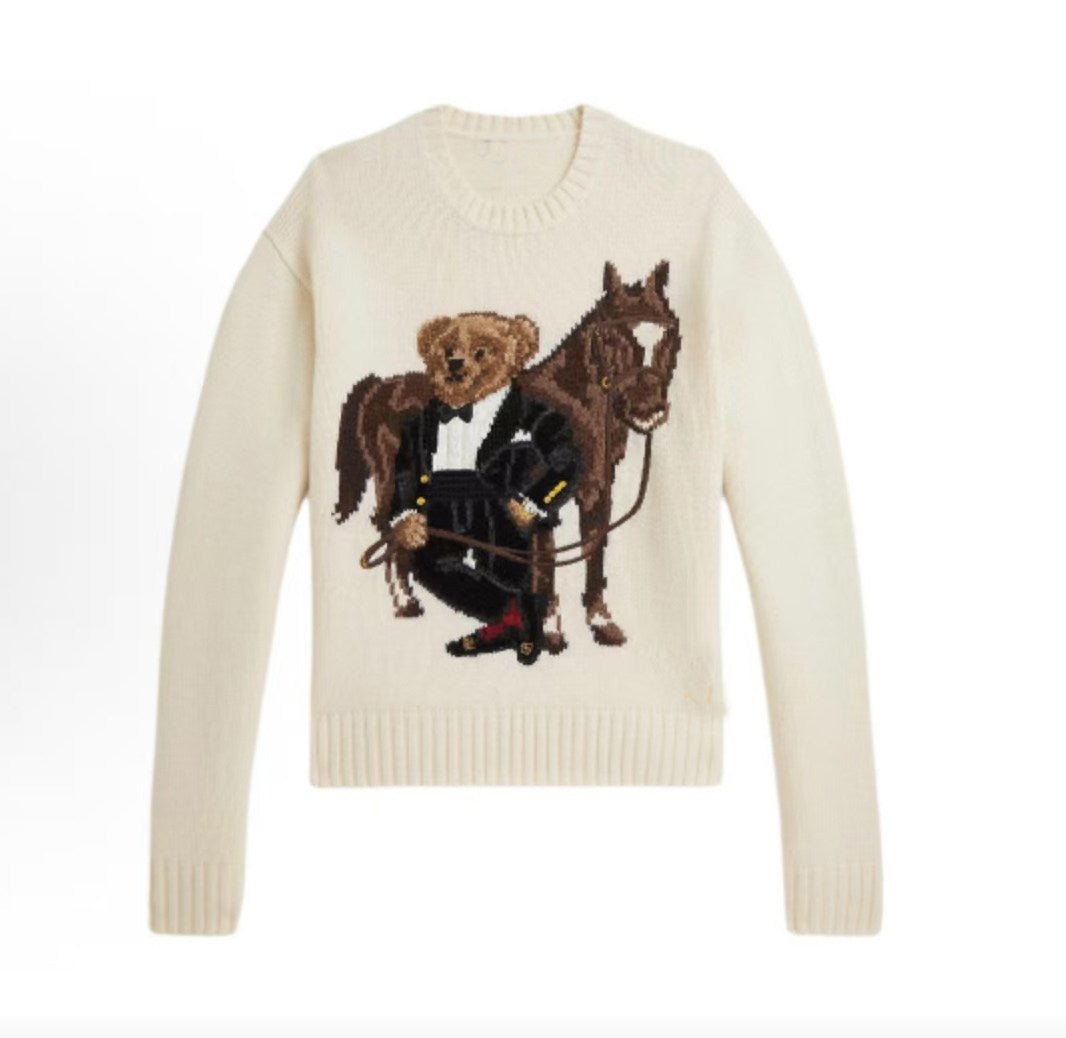 كنزة نسائية محبوكة من القطن مطرزة Bear AW25 بياقة دائرية وأكمام طويلة - رفعة