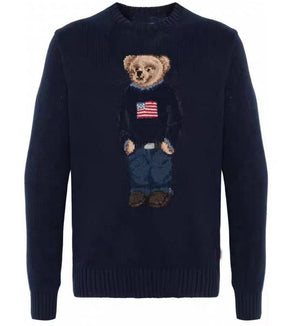كنزة نسائية محبوكة من القطن مطرزة Bear AW25 بياقة دائرية وأكمام طويلة - رفعة