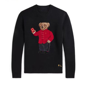 كنزة نسائية محبوكة من القطن مطرزة Bear AW25 بياقة دائرية وأكمام طويلة - رفعة