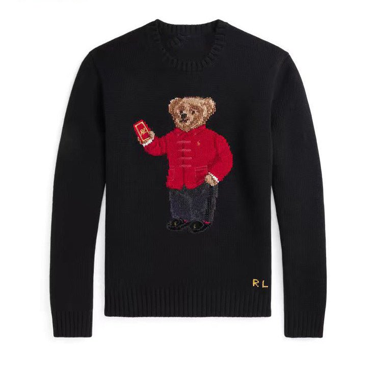 كنزة نسائية محبوكة من القطن مطرزة Bear AW25 بياقة دائرية وأكمام طويلة - رفعة