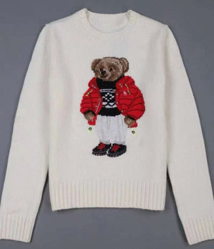 كنزة نسائية محبوكة من القطن مطرزة Bear AW25 بياقة دائرية وأكمام طويلة - رفعة