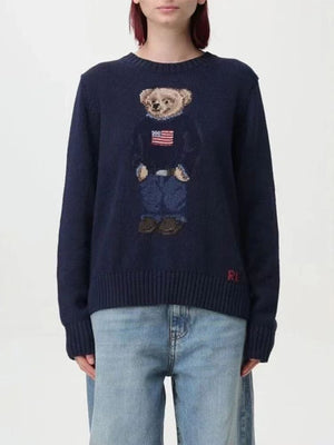 كنزة نسائية محبوكة من القطن مطرزة Bear AW25 بياقة دائرية وأكمام طويلة - رفعة