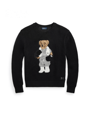 كنزة نسائية محبوكة من القطن مطرزة Bear AW25 بياقة دائرية وأكمام طويلة - رفعة