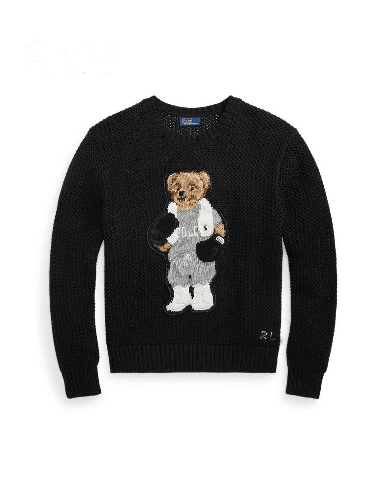 كنزة نسائية محبوكة من القطن مطرزة Bear AW25 بياقة دائرية وأكمام طويلة - رفعة