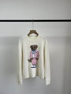 كنزة نسائية محبوكة من القطن مطرزة Bear AW25 بياقة دائرية وأكمام طويلة - رفعة