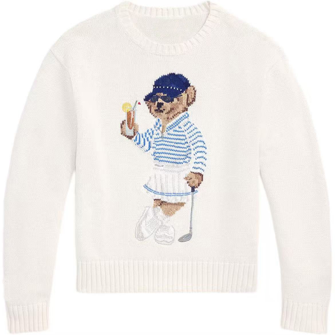 كنزة نسائية محبوكة من القطن مطرزة Bear AW25 بياقة دائرية وأكمام طويلة - رفعة