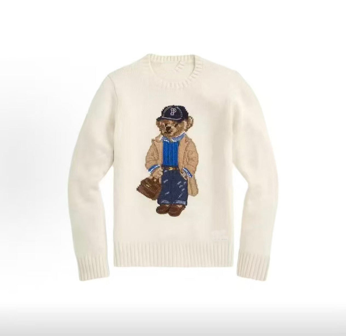 كنزة نسائية محبوكة من القطن مطرزة Bear AW25 بياقة دائرية وأكمام طويلة - رفعة