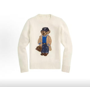 كنزة نسائية محبوكة من القطن مطرزة Bear AW25 بياقة دائرية وأكمام طويلة - رفعة