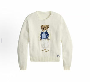 كنزة نسائية محبوكة من القطن مطرزة Bear AW25 بياقة دائرية وأكمام طويلة - رفعة