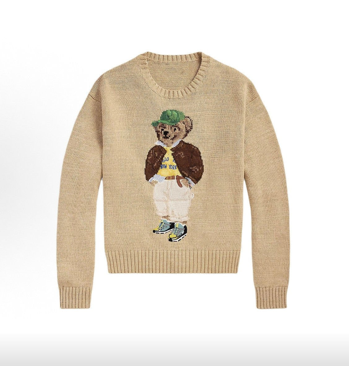 كنزة نسائية محبوكة من القطن مطرزة Bear AW25 بياقة دائرية وأكمام طويلة - رفعة