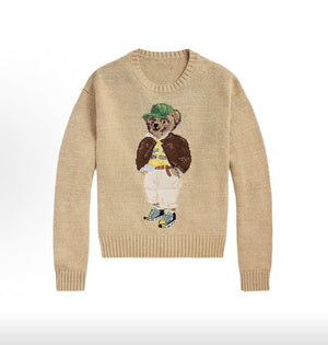 كنزة نسائية محبوكة من القطن مطرزة Bear AW25 بياقة دائرية وأكمام طويلة - رفعة
