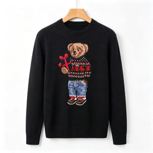 كنزة نسائية محبوكة من القطن مطرزة Bear AW25 بياقة دائرية وأكمام طويلة - رفعة