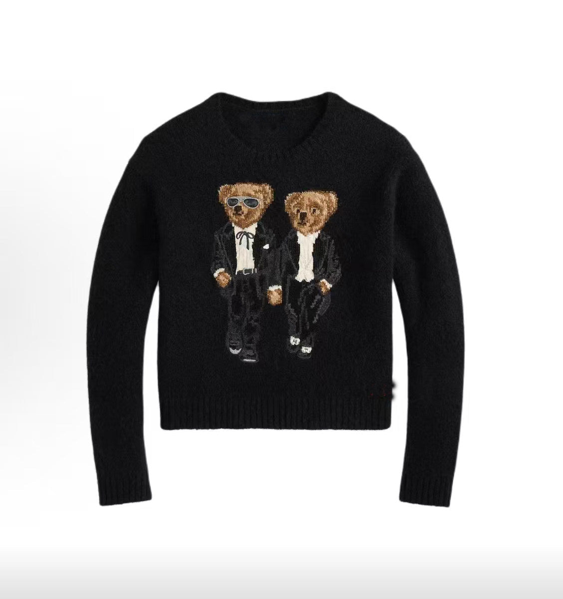كنزة نسائية محبوكة من القطن مطرزة Bear AW25 بياقة دائرية وأكمام طويلة - رفعة