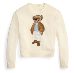 كنزة نسائية محبوكة من القطن مطرزة Bear AW25 بياقة دائرية وأكمام طويلة - رفعة