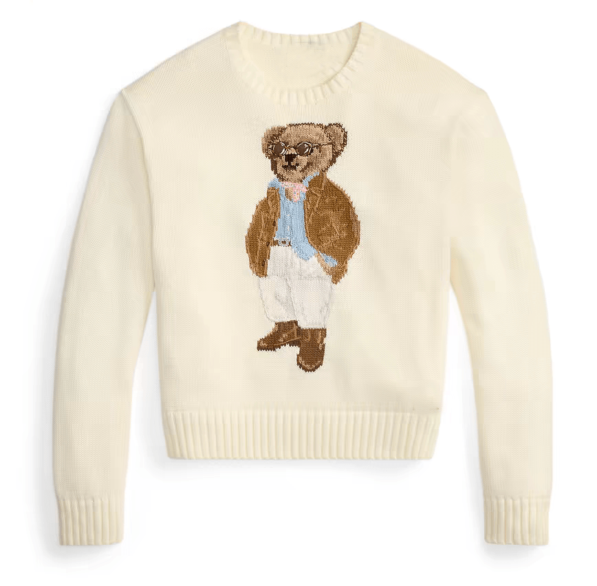 كنزة نسائية محبوكة من القطن مطرزة Bear AW25 بياقة دائرية وأكمام طويلة - رفعة