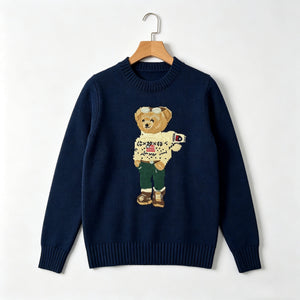 كنزة نسائية محبوكة من القطن مطرزة Bear AW25 بياقة دائرية وأكمام طويلة - رفعة