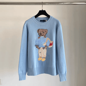 كنزة نسائية محبوكة من القطن مطرزة Bear AW25 بياقة دائرية وأكمام طويلة - رفعة