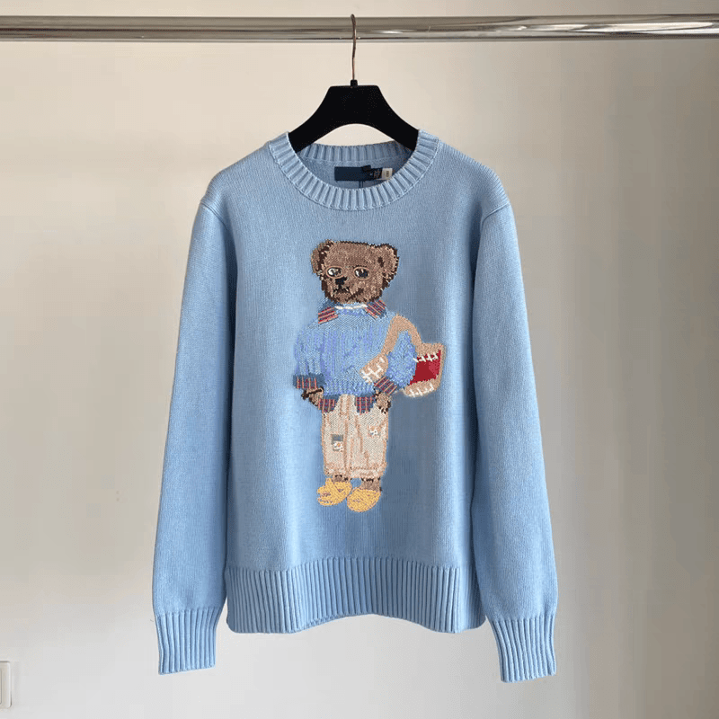 كنزة نسائية محبوكة من القطن مطرزة Bear AW25 بياقة دائرية وأكمام طويلة - رفعة
