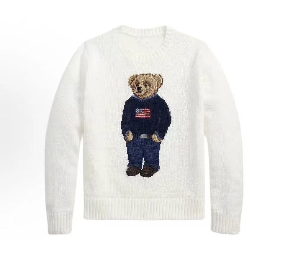 كنزة نسائية محبوكة من القطن مطرزة Bear AW25 بياقة دائرية وأكمام طويلة - رفعة