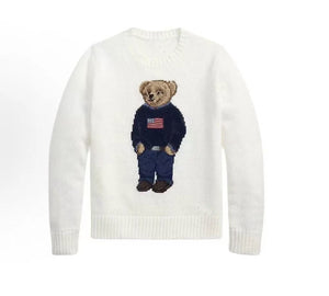 كنزة نسائية محبوكة من القطن مطرزة Bear AW25 بياقة دائرية وأكمام طويلة - رفعة