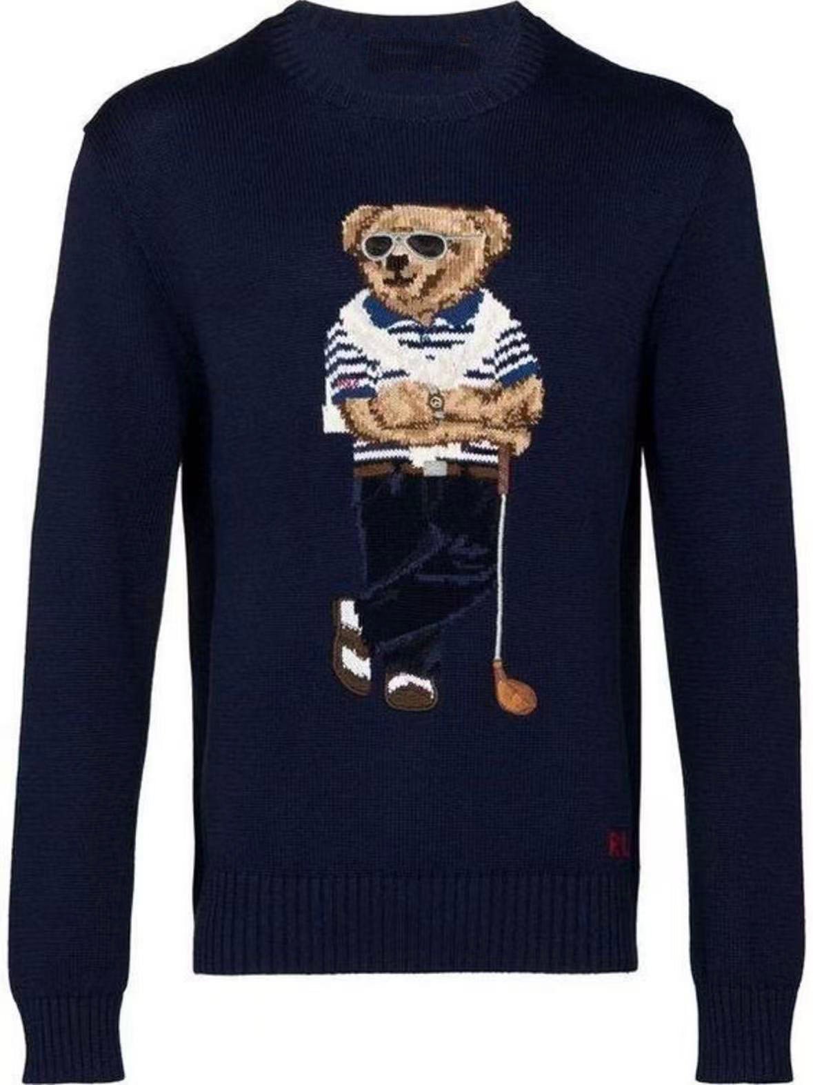 كنزة نسائية محبوكة من القطن مطرزة Bear AW25 بياقة دائرية وأكمام طويلة - رفعة