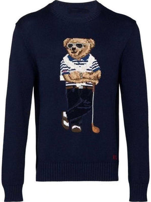 كنزة نسائية محبوكة من القطن مطرزة Bear AW25 بياقة دائرية وأكمام طويلة - رفعة