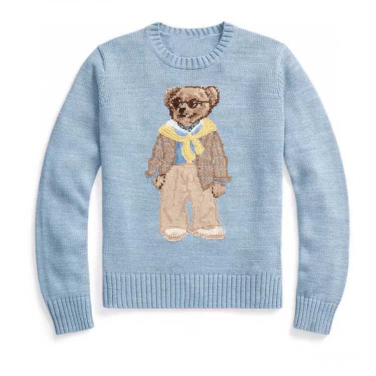 كنزة نسائية محبوكة من القطن مطرزة Bear AW25 بياقة دائرية وأكمام طويلة - رفعة