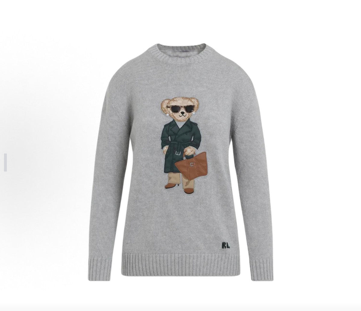 كنزة نسائية محبوكة من القطن مطرزة Bear AW25 بياقة دائرية وأكمام طويلة - رفعة