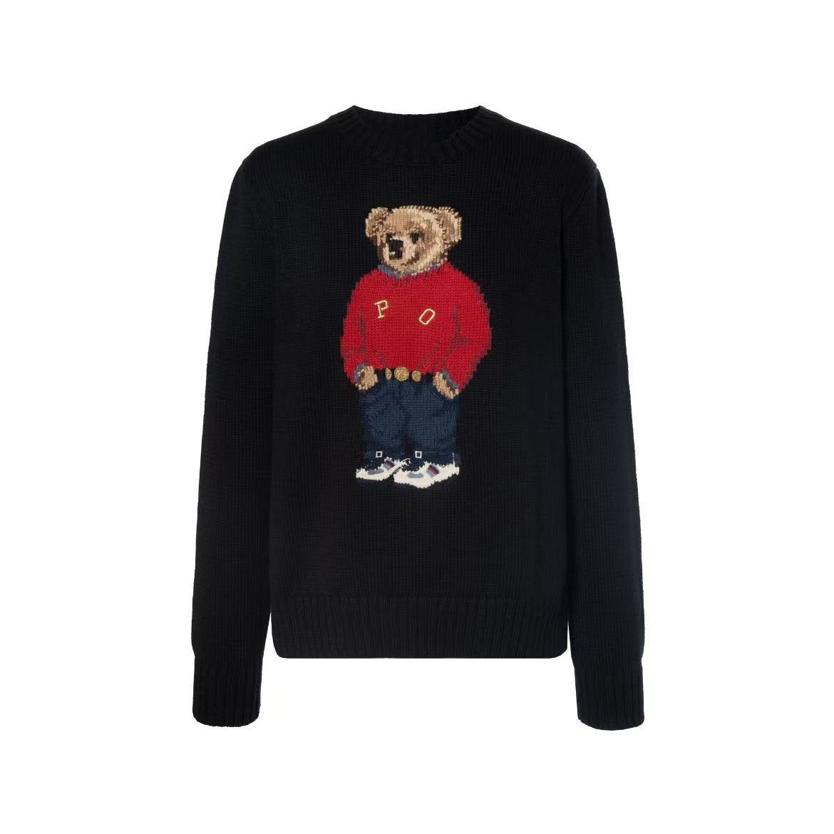 كنزة نسائية محبوكة من القطن مطرزة Bear AW25 بياقة دائرية وأكمام طويلة - رفعة