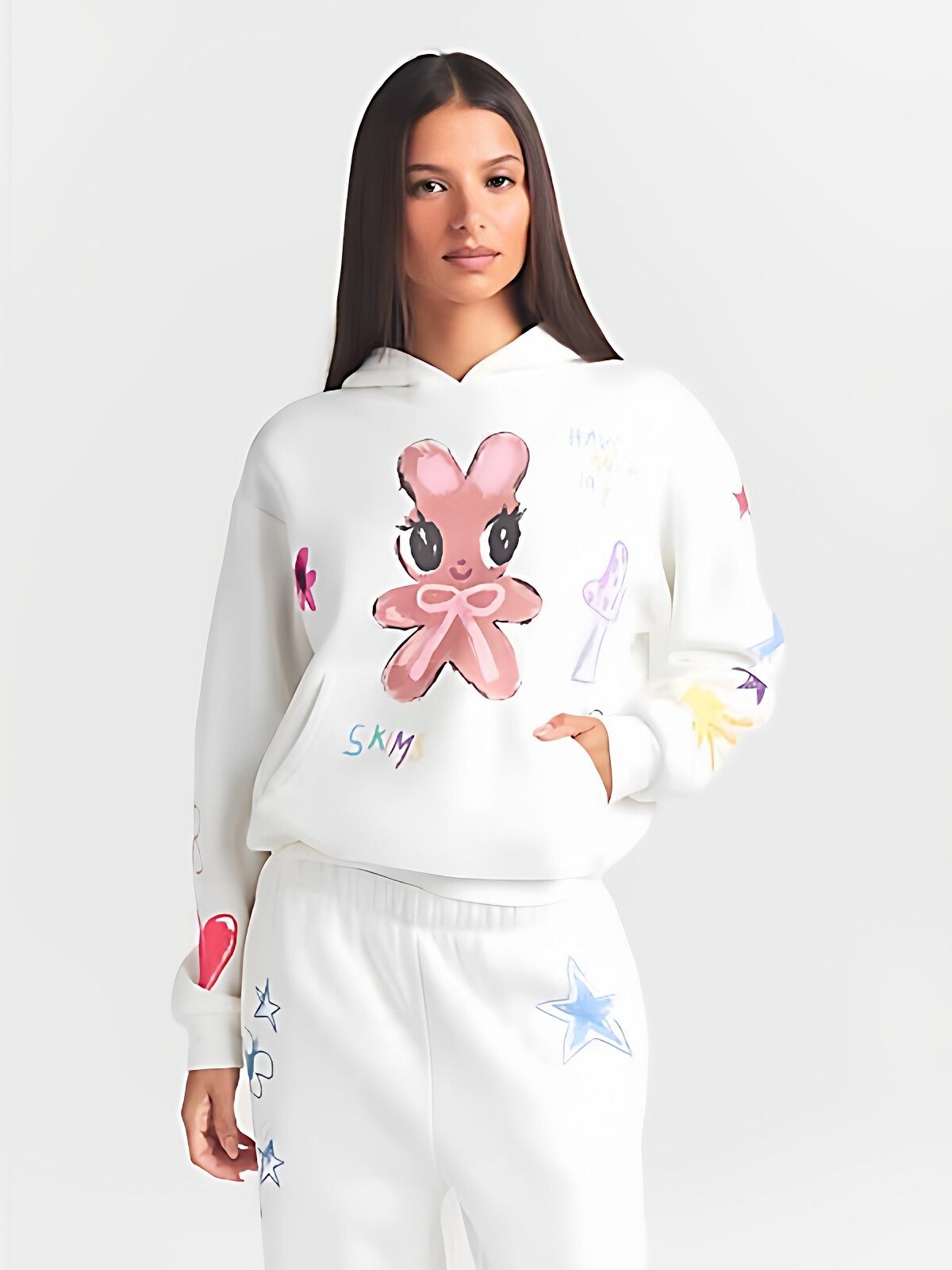 كنزة وبنطال رياضي SKIMS Cotton Fleece برسومات أرنب الغرافيتي - رفعة