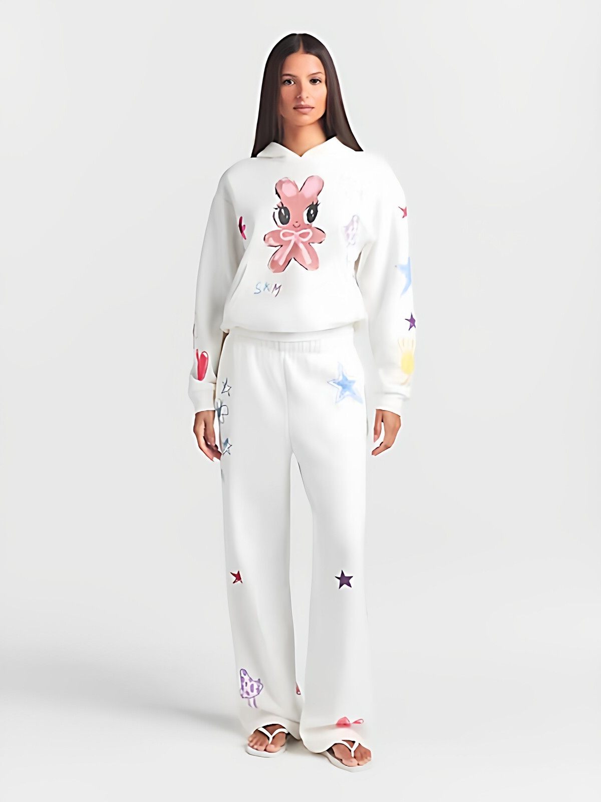 كنزة وبنطال رياضي SKIMS Cotton Fleece برسومات أرنب الغرافيتي - رفعة