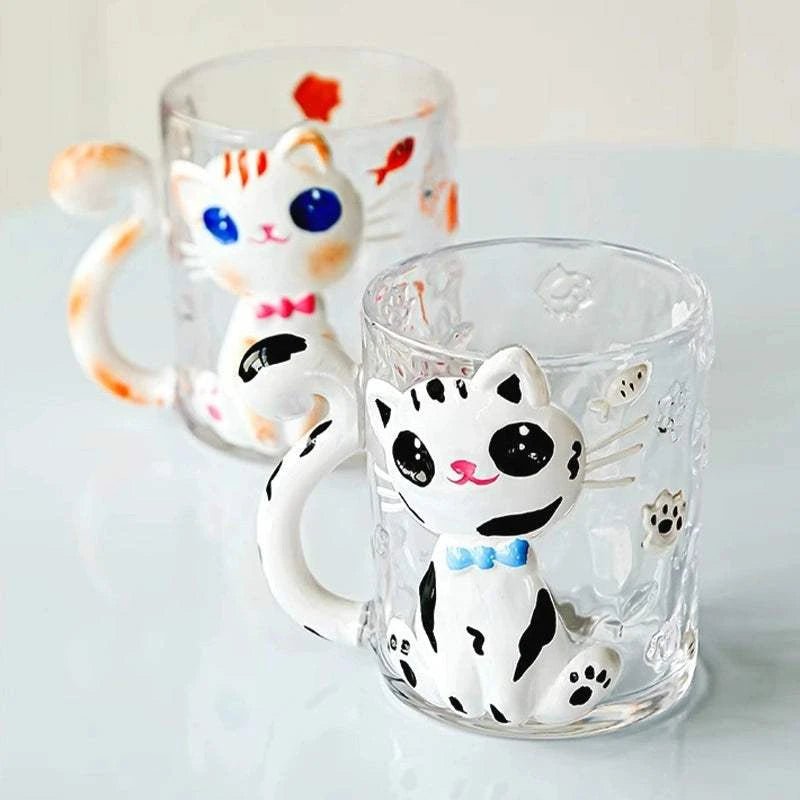 JOJO hand-painted cute cat glass coffee cup.