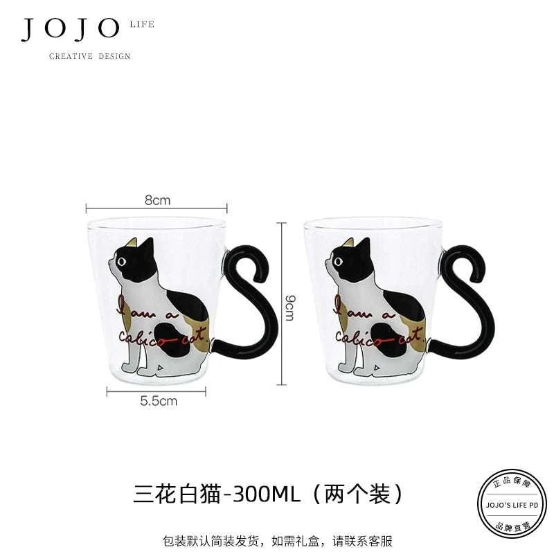 JOJO hand-painted cute cat glass coffee cup.