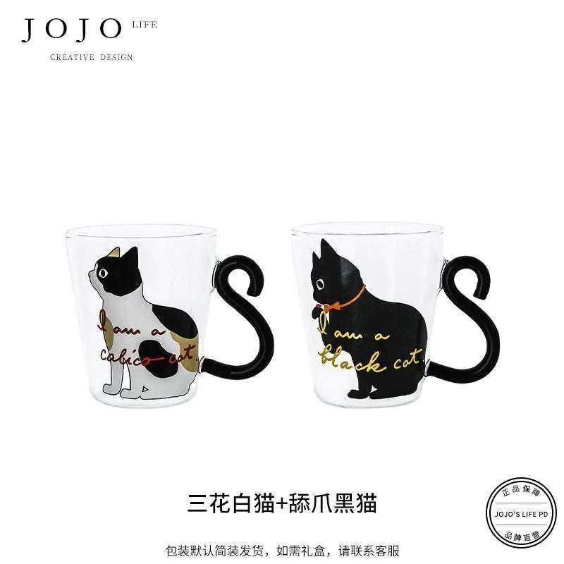 JOJO hand-painted cute cat glass coffee cup.