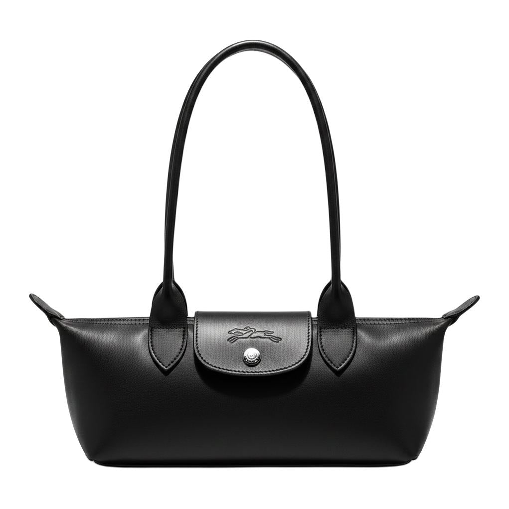 LONGCHAMP Le Pliage Xtra Solid Embossed Pattern Cowhide Long Handle Baguette Single Shoulder Bag Medium Size Women's Black